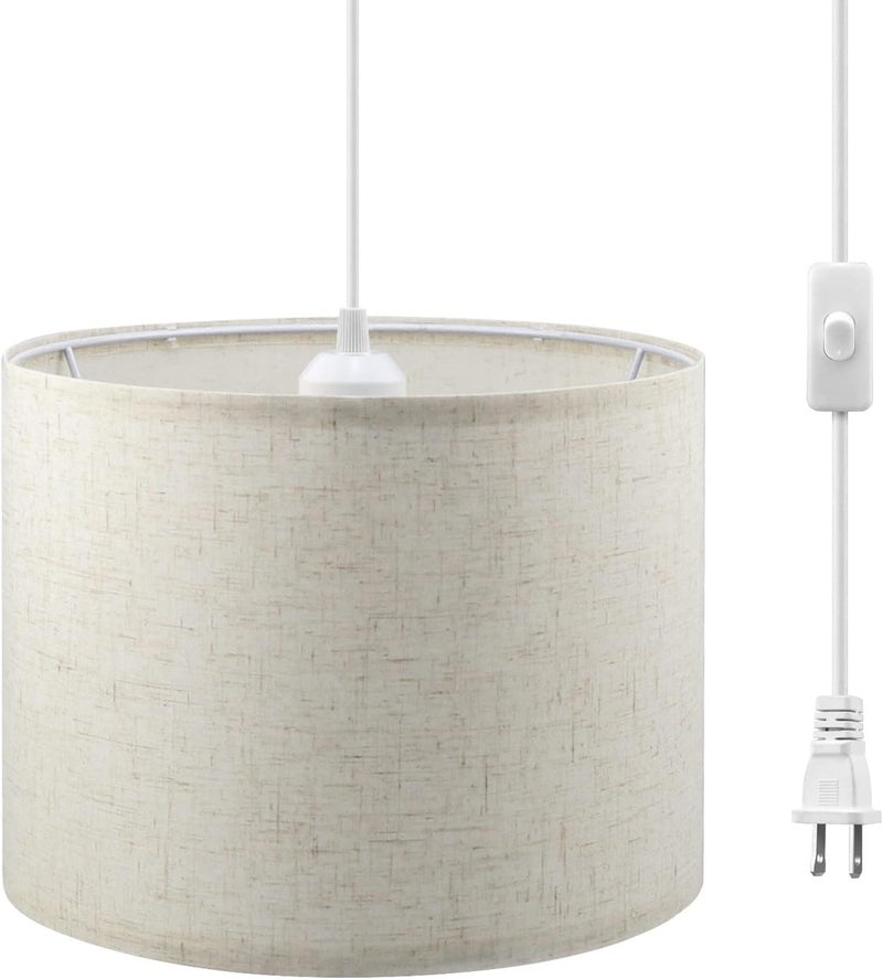 KUAUGST Plug in Pendant Light, 15 FT Hanging Lamp with Plug in Cord, On/Off Switch, Pendant Lighting with Fabric Shade, Hanging Light Fixture for Living Room, Bedroom, Dining Room, Kitchen (Beige) - Image 1